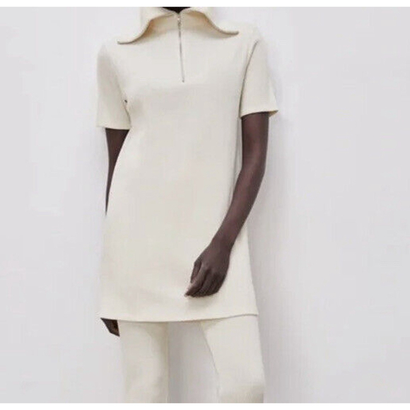 Zara mini t-shirt dress high collar rib knit ivory cream new casual Sz S - Picture 3 of 12